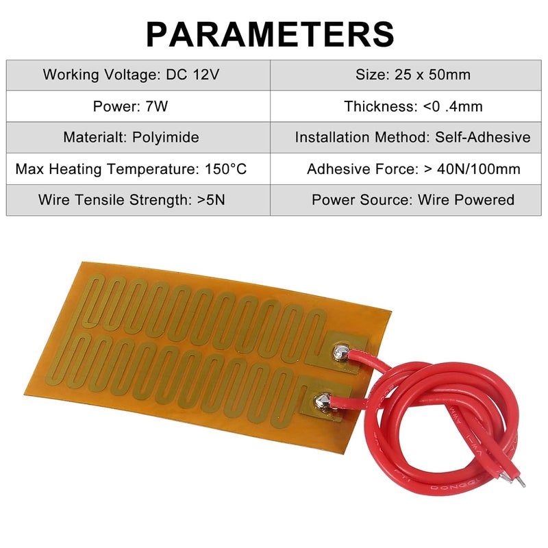 XIITIA 15pcs 25mmx50mm Film Heater Plate Adhesive Pad, PI Heating Elements Film 12V 7W Strip Heater Adhesive Polyimide Heater Plate (12V 7W 25mmx50mm) - Image 3